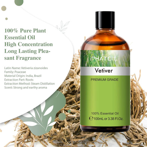 Vetiver 3.38fl.oz Essential Oil, PHATOIL Pure Aromatherapy Oils for Diffuser, Humidifier, Perfect for DIY Soap, Candle, Bath Bombs Making(100ml)...