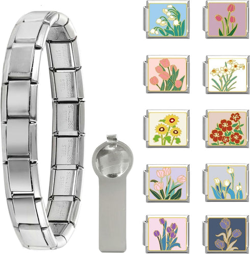 papasgix Italian Charm Bracelet Gold Silver Set with Starter Brascelet, Assorted Charms and Opening Tools, 9mm Modular Italian Charm Bracelet Link...