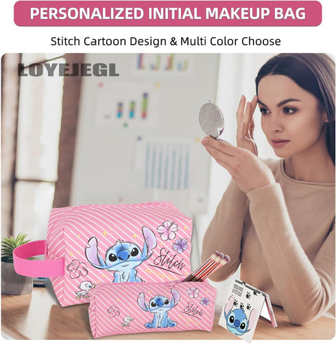 Stitch Stuff Travel Cosmetic Bag + Double Sided Cosmetic Mirror + a makeup brush bag, Large Capacity PU Travel Toilet Bag Makeup Accessories Organ...