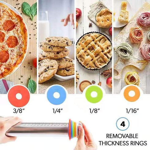 Adjustable Rolling Pin with Thickness Rings for Baking,17" Stainless Steel Dough Roller,Measurement Markings Rolling Pins For Pizza, tortilla,Pie,...
