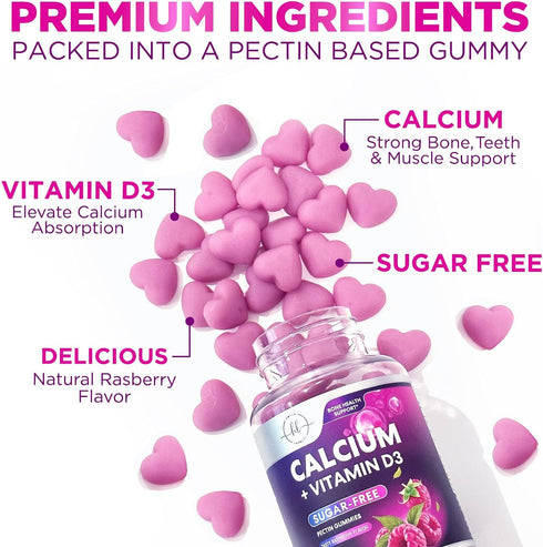 Calcium Supplement + Vitamin D3 - Sugar Free Calcium Gummies for Bone & Teeth Strength Support, Calcium Gummy Chews for Immune Support, Calcium Su...