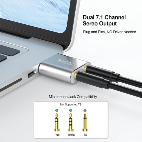 FEMORO USB Sound Card, USB to Audio Jack Adapter 7.1 Channel External Stereo Sound Card with 3.5mm TRS TRRS Microphone Headphone for PC, Laptop, P...