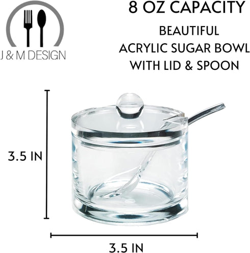 J&M DESIGN Clear Acrylic Sugar Bowl With Lid And Spoon For Coffee Bar Accessories, Cereal Bowls, Tea, Kitchen Countertop Canisters & Baking - 8 oz...