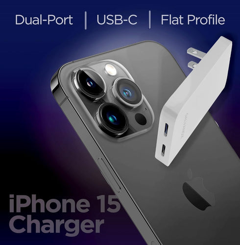 Flat 2-Port USB C Wall Charger, Ultra Slim Dual Power Adapter with Type-C Cable (20W) Fast Charging for iPhone 15, Pro Max/Samsung Galaxy Models (...