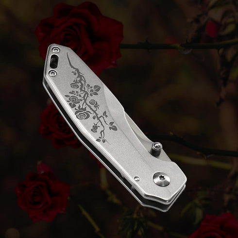 ALBATROSS 7" EDC Simple Practical Folding Knife Liner Lock Pocket Knife with 8Cr14MoV Steel Blade,Rose pattern Stainless steel Handle,Belt Clip an...