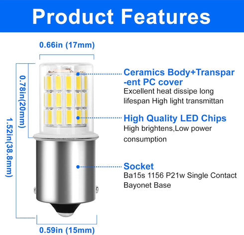 1156 Ba15s 12V 24V 3w LED Light Bulb 6000K Daylight White, 1141 S8 Bayonet Bulb Socket Single Contact, for Landscape, RV, Boat Mower Lawn Tractors...