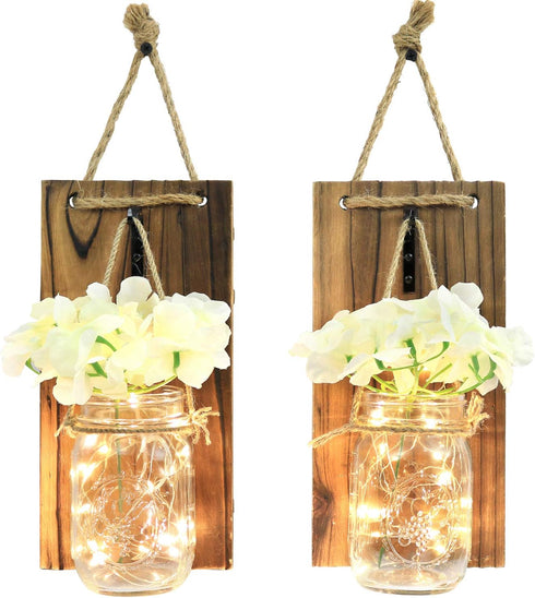 Greenco GRC2859 Wall Hung Mason Jar Sconce with Faux Flower and Led Strip Lights, Rustic...