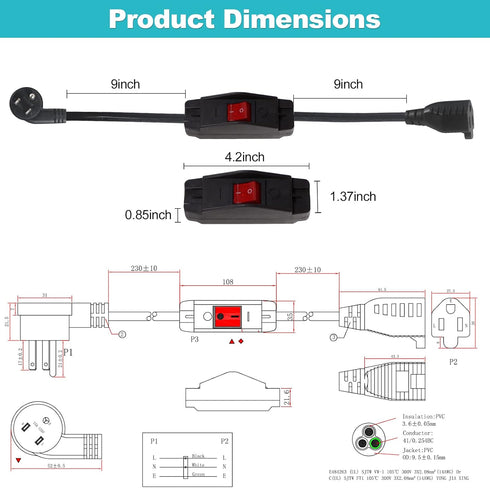 Short Outdoor Extension Cord with On/Off Switch - 1.5FT Waterproof 3 Prong Extension Cord with Inline Switch, 1875W Heavy Duty Black SJTW 14AWG Gr...