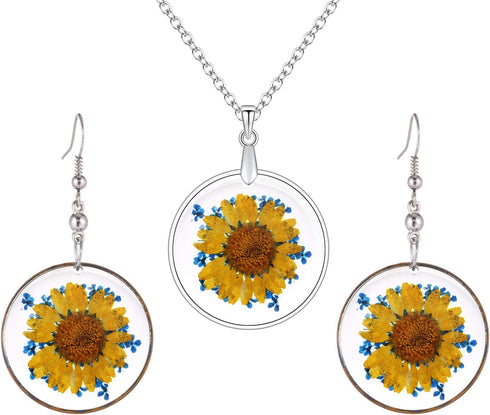 Multi-Colored Pressed Daisy & Queen Anne's Lace Flowers 1.14" Round Circle Drop Dangle Hook Earrings, 7 Colors...