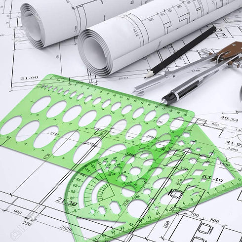 11 Piece Geometric Drawing Template Measuring Ruler, Transparent Green Plastic Ruler with Portable Plastic Bag for, for Studying, Designing and Bu...