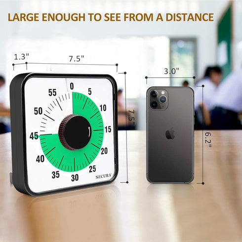 Secura 60-Minute Visual Countdown Timer, 7.5-Inch Oversize Classroom Visual Timer for Kids and Adults, Durable Mechanical Kitchen Timer Clock with...