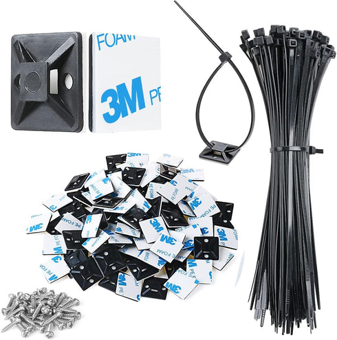 200pcs 3/4" 3M Back-Glue Self Adhesive Black Strong Cable Zip Tie Mounts with 8" Ties, Screws, UV Protection Outdoor Sticky Wire Fasteners Cable C...