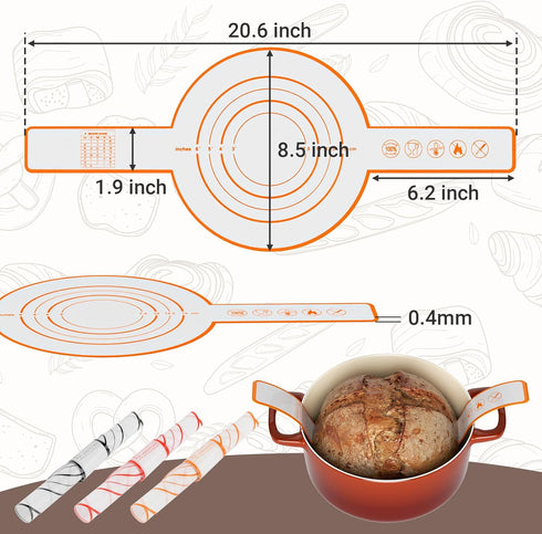 3 PCS Silicone Bread Slings for Dutch Oven, Reusable Sourdough Bread Sling with Long Handle, Non-Stick & Easy Clean Silicone Baking Mats, Heat Res...