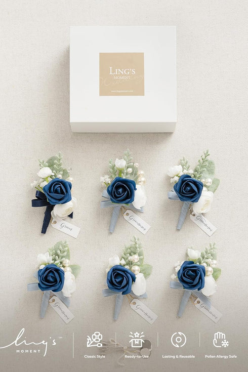 Ling's Moment Boutonniere for Men, 6pcs Groom Groomsmen Boutonniere, Artificial Flowers for Wedding Decor/Prom/Homecoming, etc.Navy Blue Dark Blue...