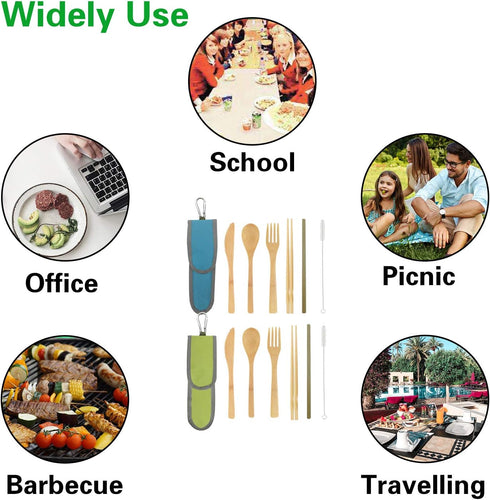 2 Set Bamboo Cutlery Set Bamboo Travel Utensil Reusable Organic Bamboo Utensil Fork Knife Spoon Chopsticks Straw Cleaning Brush for Travel Picnic ...