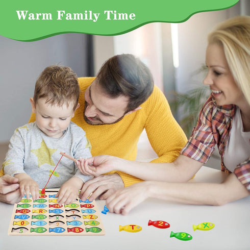 Magnetic Wooden Fishing Game Toy for Toddlers, Alphabet Fish Catching Counting Games Puzzle with Numbers and Letters, Preschool Learning ABC Math ...