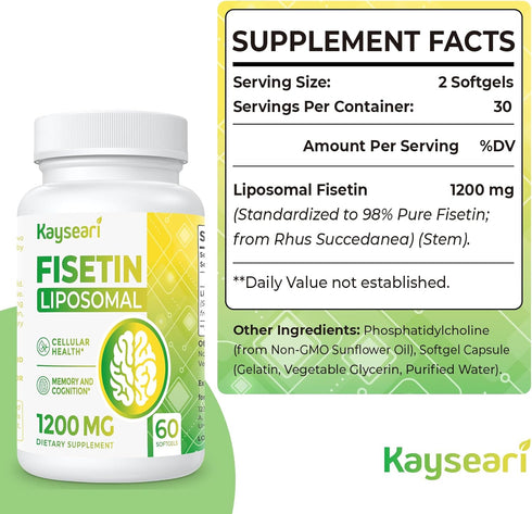 Fisetin 1200mg Liposomal Fisetin Supplements 98% Pure Fisetin Polyphenols Antioxidants Immunity Health Aging Cognitive Support Non-GMO 60 Capsules...