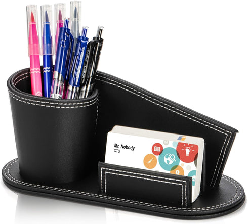 PU Leather Desk Organizer, Creative Stylish Office Accessories, Pen Holder Business Name Cards Holder Stand, Multi-Function Desktop Stationery Cad...