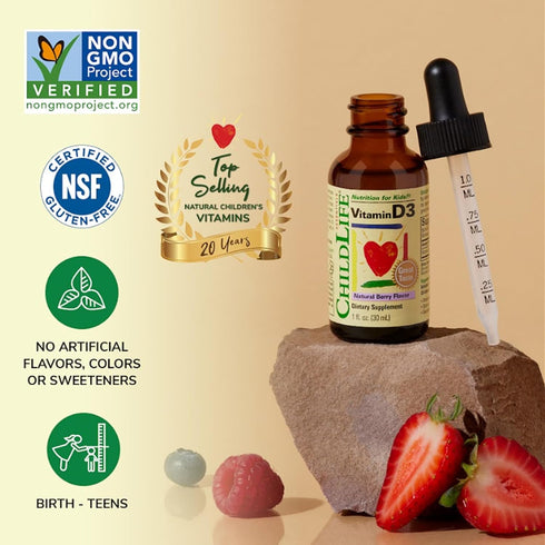 CHILDLIFE ESSENTIALS Vitamin D3 Drops for Kids, Children, & Toddlers - Liquid Vitamin D Drops, 500 IU per Drop, Immune & Bone Health Support, Natu...