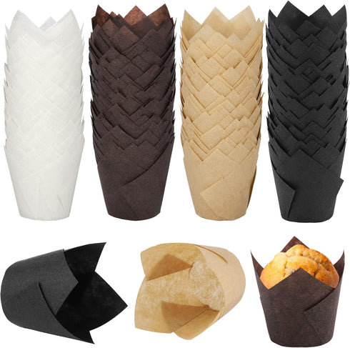 Ruisita 200 Pieces Mini Tulip Baking Cups Greaseproof Cupcake Muffin Liners Muffin Cases Wrappers for Wedding Birthday Party Baby Shower,Brown,Whi...