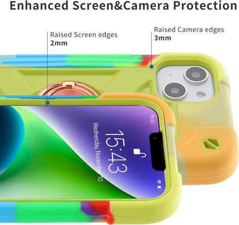 for iPhone 14 Plus Case 6.7 Inch with Ring Stand, with 2 Pack Glass Screen Protector + 1 Pack Camera Lens Protector,Heavy-Duty Shockproof Military...