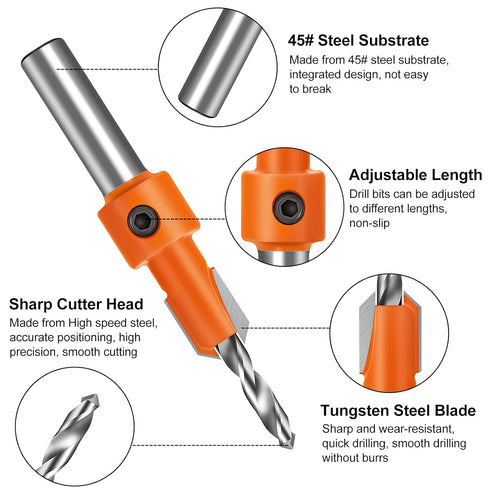 Lytool Countersink Drill Bit Set,5Pcs Counter Sink Bits for Wood,Tapered Drill Bits for Woodworking,Round Shank,Allen Wrench, Wood Screw Counter S...
