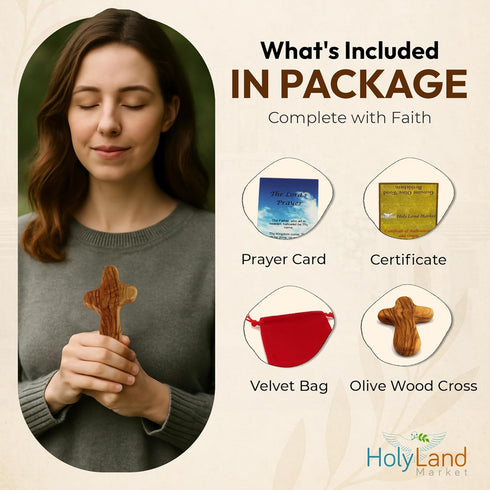 10 Olive Wood Holding Hand Crosses with Gift Bags (With Red or Black Velvet Bag ) From Bethlehem...