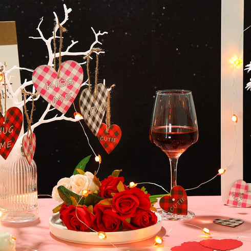 24 Pieces Valentine's Decorations for Tree Heart Shaped Wooden Ornaments Buffalo Check Plaid Wooden Embellishments Red Black Hanging Crafts Wood H...