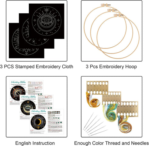 Louise Maelys 3 Set Tarot Moon Embroidery Kits for Beginners with Evil Eye pattern,Adults Starter Cross Stitch Kit DIY Needlepoint Kits...