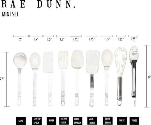 Rae Dunn Everyday Collection 9 Piece MINI Kitchen Utensil Set- Stainless Steel and Silicone Kitchen Tools- (White)...