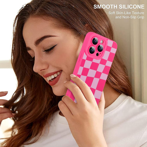ZIYE for iPhone 14 Pro Max Case Hot Pink Grids Plaid Checkerboard Pattern Phone Case with Camera Protection,Soft TPU Silicone Rubber Protective Co...