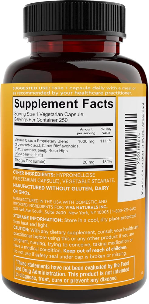 Viva Naturals Vitamin C and Zinc Supplement (250 Capsules) - 1000 mg Vitamin C with Zinc 20 mg Antioxidant Supplements for Immune Support, Plant B...