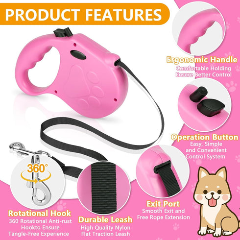 Retractable Dog Leash, 16ft Dog Walking Leash for Small Dogs up to 77lbs, Non-Slip Handle - Pink...