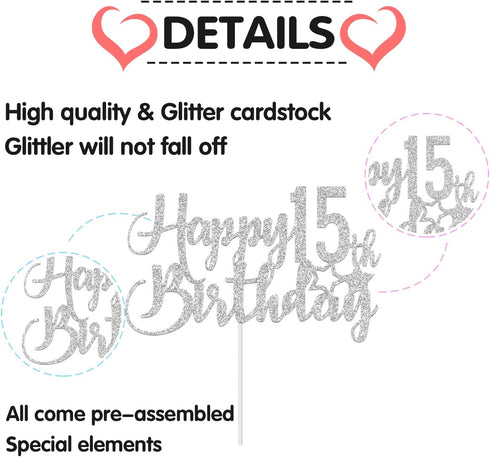 Paroke & Bubble Silver Glitter Happy 15th Birthday Cake Topper - 15th Birthday Cake Topper, 15th Birthday Party Decoration...