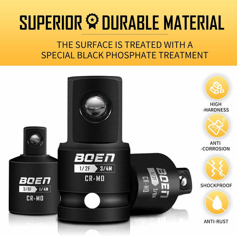 BOEN 5 Piece Impact Socket Adapter Set and Reducer Set, Standard SAE, 1/4", 3/8", 1/2" Drive Socket Adapter Set, CR-MO Steel Impact Adapter Conver...