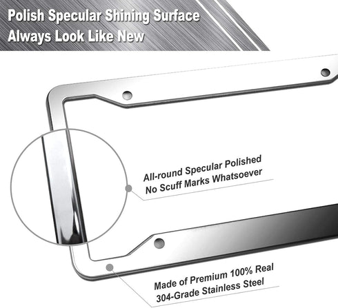 Aootf Stainless Steel License Plate Frames- Heavy Duty Polish Mirror Silver Car Tag Cover with Chrome Screw Caps, 4 Hole 2 Pack Front & Rear Holde...