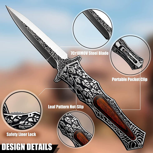 Leaf Patterned Wood Handle Japanese Pocket Knife with Clip, 8.9" Tactical Survival Folding Knife for Outdoor Camping, Hunting, EDC, Fishing, Gifts...