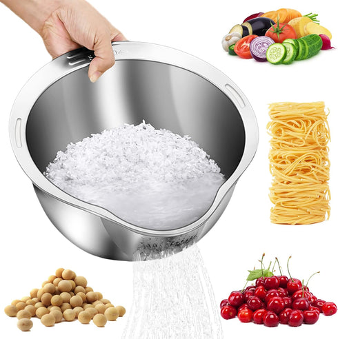 Rice Washer Strainer Bowl - 4-in-1 Washing Bowl for Quinoa, Stainless Steel Rinser With Side Drainers Small Colander for Cleaning Fruits, Vegetabl...