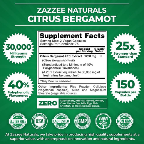 Zazzee Extra Strength Citrus Bergamot 25:1 Extract, 1200 mg, 40% Polyphenolic Flavanones, 150 Vegan Capsules, 30,000 mg Strength, Concentrated and...