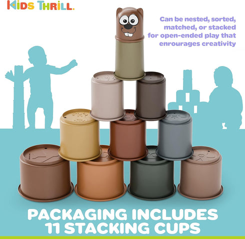 Kidsthrill Set Brown-theme Modern Design 11 Stacking Cups Baby Toys for Boys & Girls, Drain Holes for Baby Bath Toys Pool Toys and for Beach Sand ...