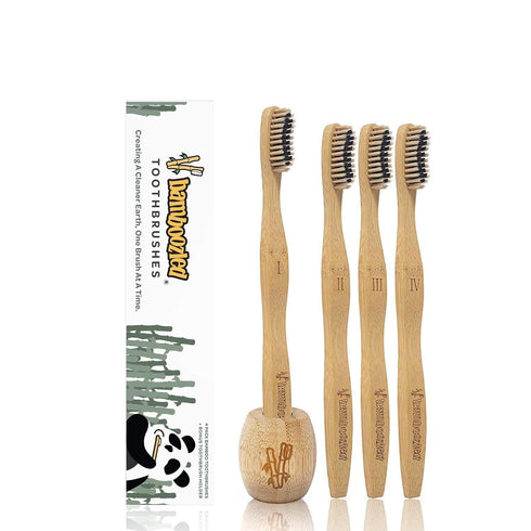 Bamboozled | Bamboo Toothbrush | BPA Free | Charcoal Infused Soft Bristles | Environmentally Friendly & Biodegradable | Set of 4 | with Bamboo Too...
