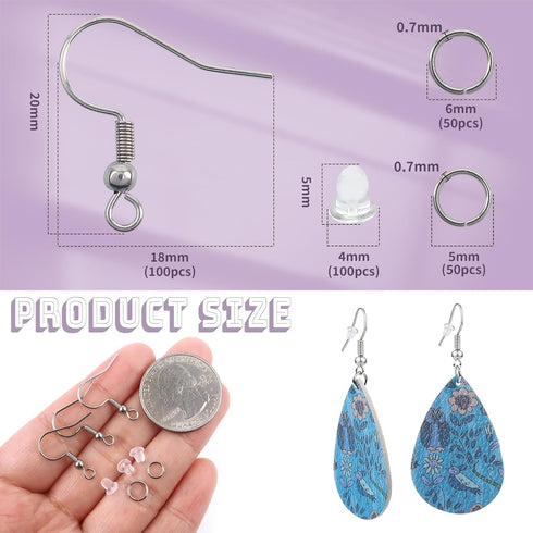 TOAOB 300pcs Stainless Steel Hypoallergenic Earring Hooks Silver Earring Making Kit with Jump Rings and Clear Silicone Earring Backs for DIY Jewel...