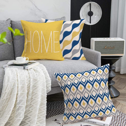 Fukeen Home Geometric Set of 4 Throw Pillow Covers Modern Accent Decorative 18x18 Inch Blue Yellow Grey Arrow Stripes Wave Abstract Pattern Pillow...