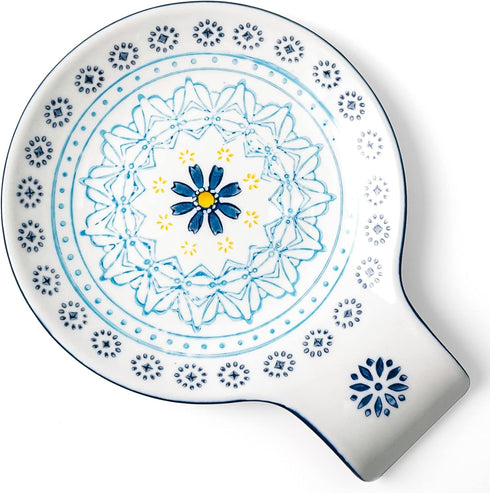 Hand Painted Spoon Rest, 5.5" Ceramic Spoon Holder for Stove Top and Kitchen Counter, Blue Pattern Utensil Rest, Great Cooking Gifts for Friends, ...