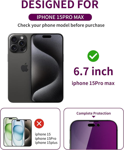 2 Pack Privacy Screen Protector for iPhone 15 Pro Max Tempered Glass for iPhone15 ProMax 6.7inch Private Glass Anti-Spy Anti-Blue Light Eye Protec...