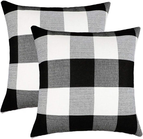 4TH Emotion Set of 2 Farmhouse Buffalo Check Plaid Throw Pillow Covers Cushion Case Polyester Linen for Fall Home Decor Black and White, 18 x 18 I...