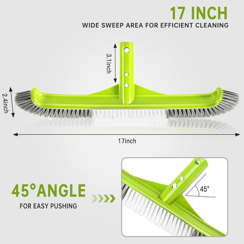 Pool Brush,17.5" Curved Edge Pool Brushes Head for Cleans Pool Swimming Walls, Tiles & Floors, Premium Nylon Bristles with EZ Clips...