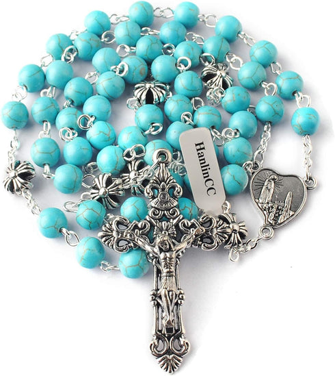 HanlinCC Turquoise Beads Catholic Rosary Necklace with Anti-Silver Plated Fatima Center Piece and Crucifix with Blue Color Leather Gift Box...