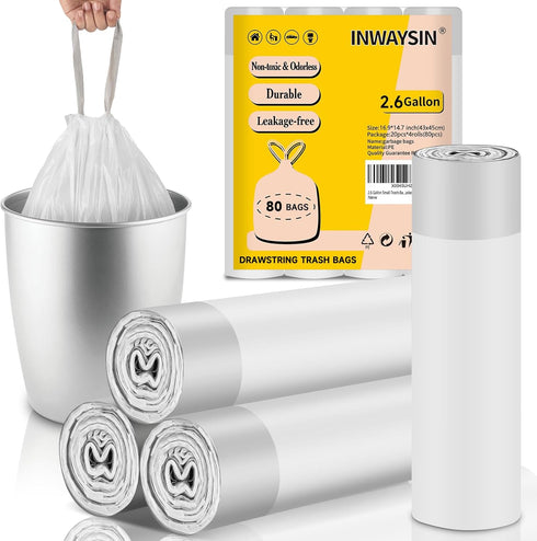2.6 Gallon Small-Trash-Bags Plastic Drawstring Garbage-Bag - Mini Tiny White Unscented 80 Count For Bathroom Car Can Restroom Office Liners Waste ...