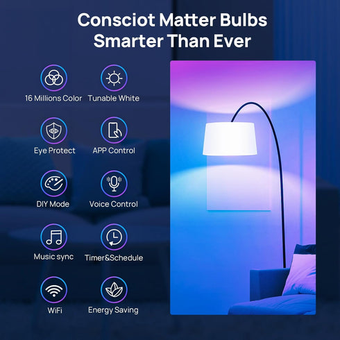 Consciot Smart Light Bulbs, WiFi Color Changing LED Light Bulb, A19 E26 RGBTW Light Bulbs That Works with Alexa/Google Home/Apple Home/Siri, Music...